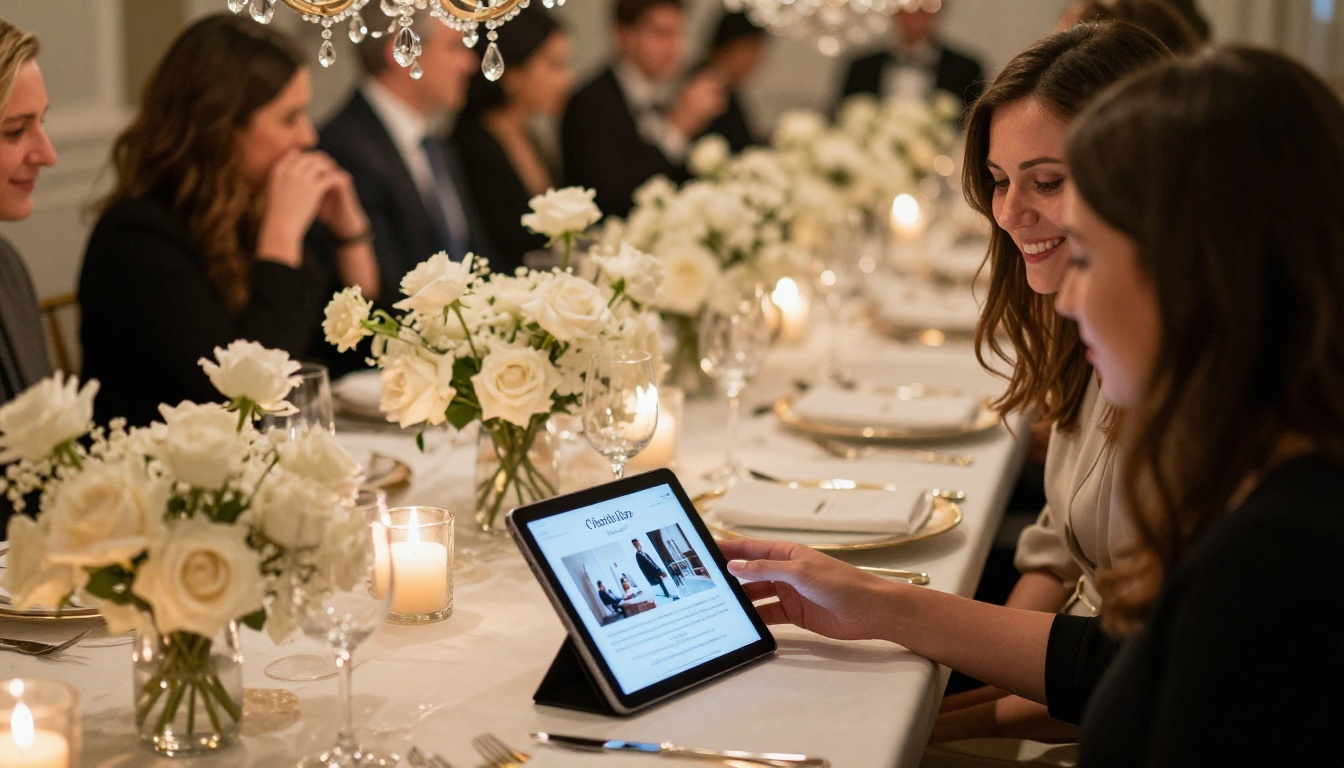 Guests at an elegant charity gala sharing a tablet showing a digital event program with chandeliers above Guests at an elegant charity gala sharing a tablet showing a digital event program with chandeliers above