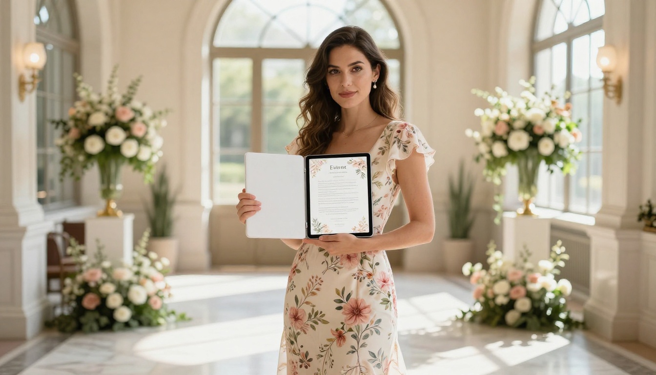 A woman in an elegant floral dress standing in a sunlit wedding venue lobby holding an iPad with a beautiful digital event program A woman in an elegant floral dress standing in a sunlit wedding venue lobby holding an iPad with a beautiful digital event program
