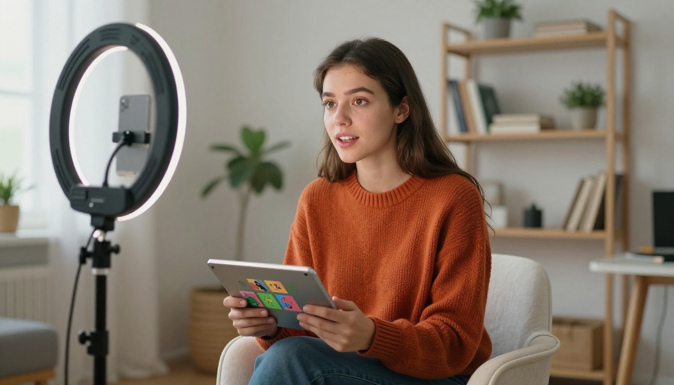 A content creator in a home studio holding a tablet showing a colorful digital flipbook