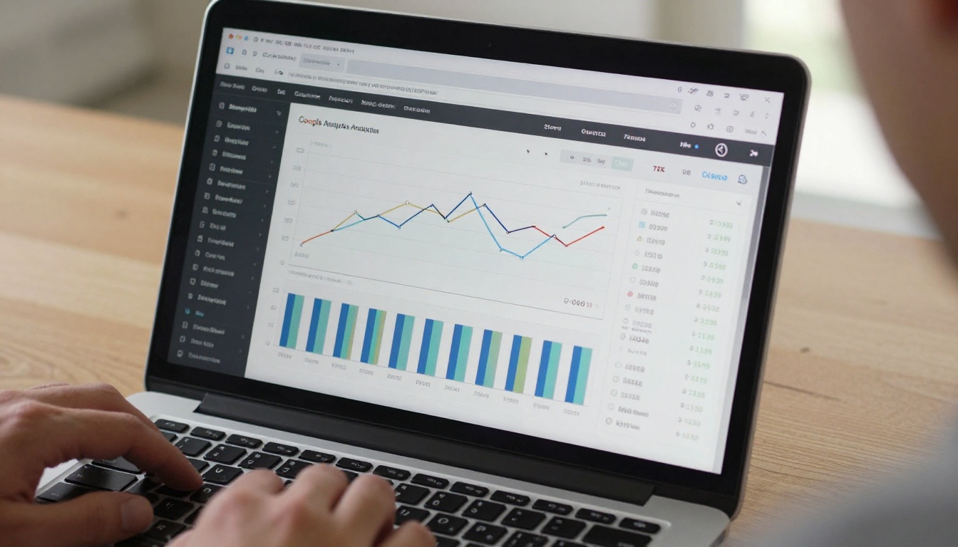 Close-up of a laptop screen showing analytics dashboards with traffic graphs and view count metrics