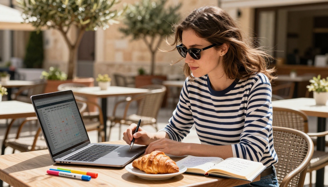 A marketing professional with a laptop and notebook planning content distribution at a sunny outdoor cafe