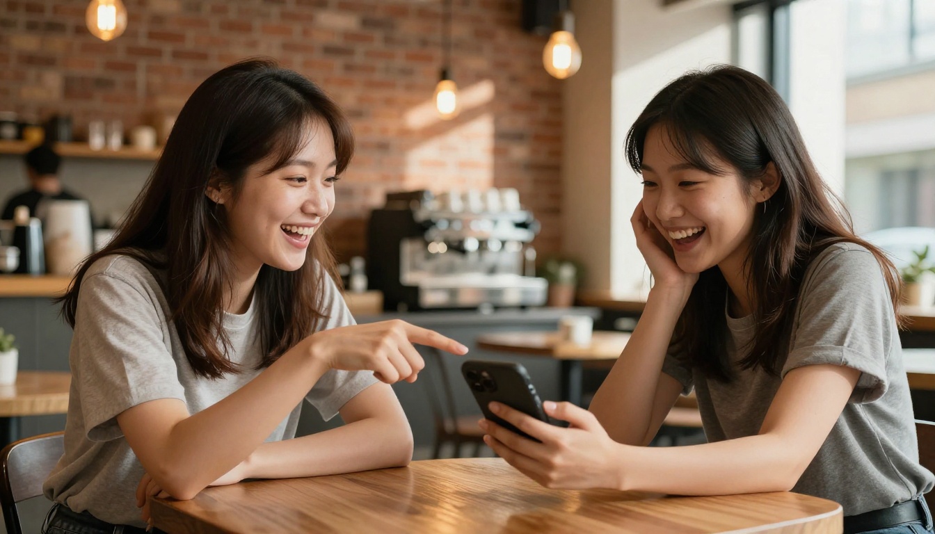 Two women sharing content and laughing at a cafe, one pointing excitedly at a smartphone screen