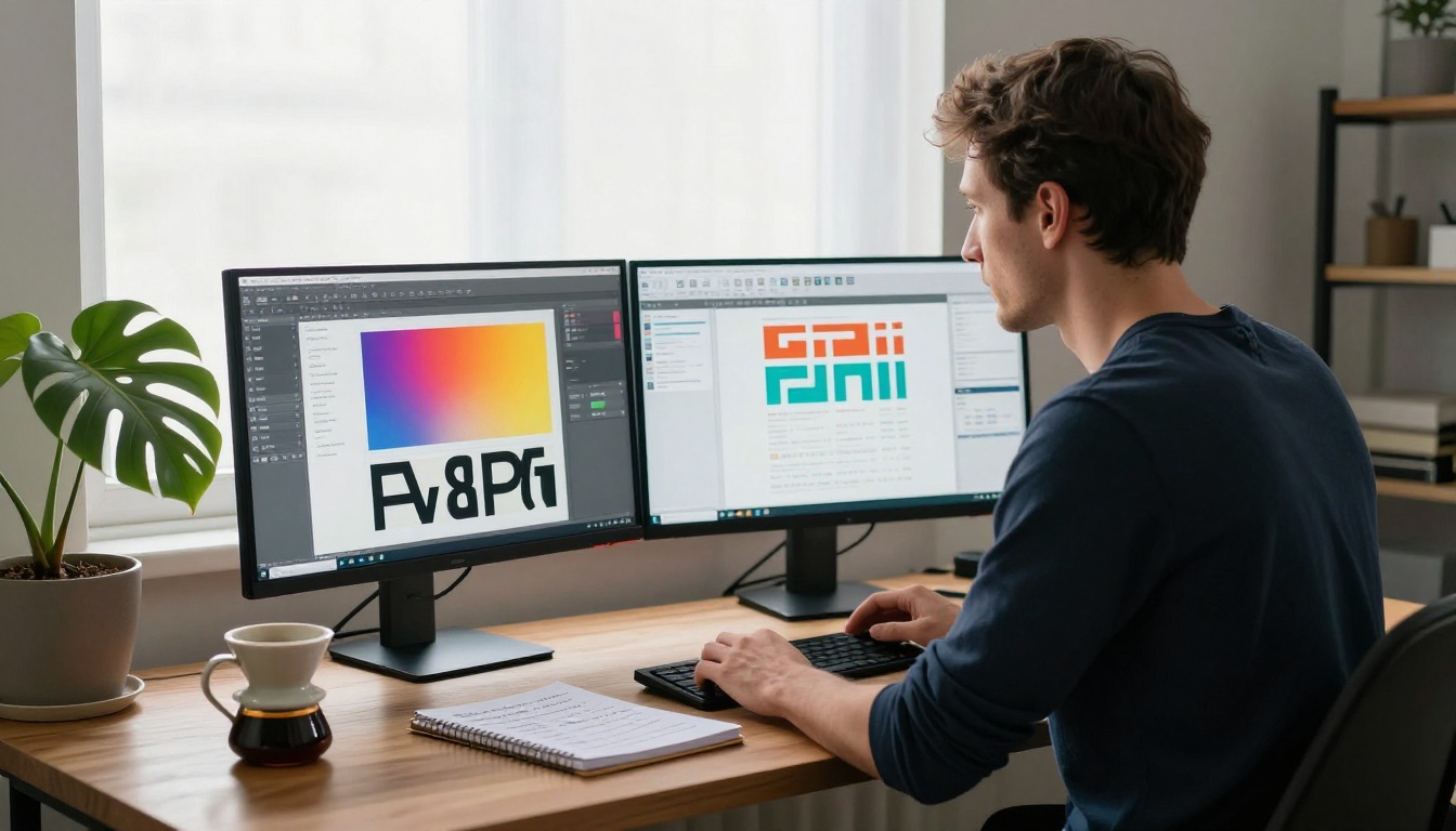 Creative designer standing at a modern desk with dual monitors showing colorful page layouts and typography grids