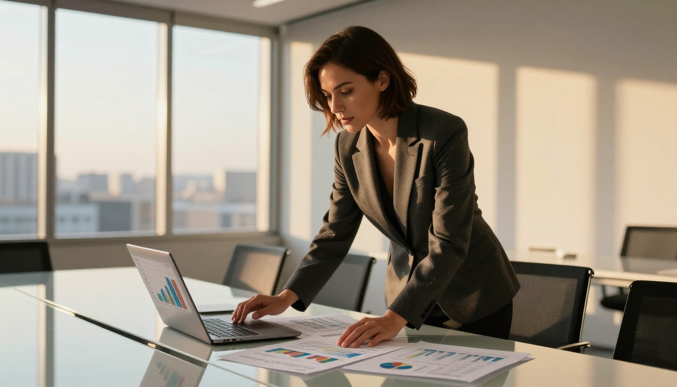 Professional woman reviewing analytics charts and data on a glass conference table with city skyline behind her
