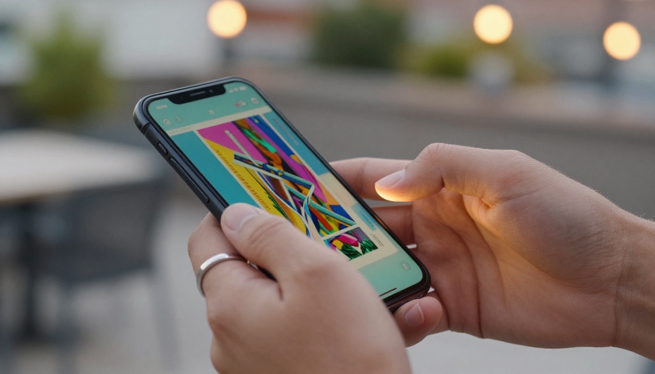 Hands holding a smartphone showing a vivid page-turn animation in a digital publication at a rooftop terrace