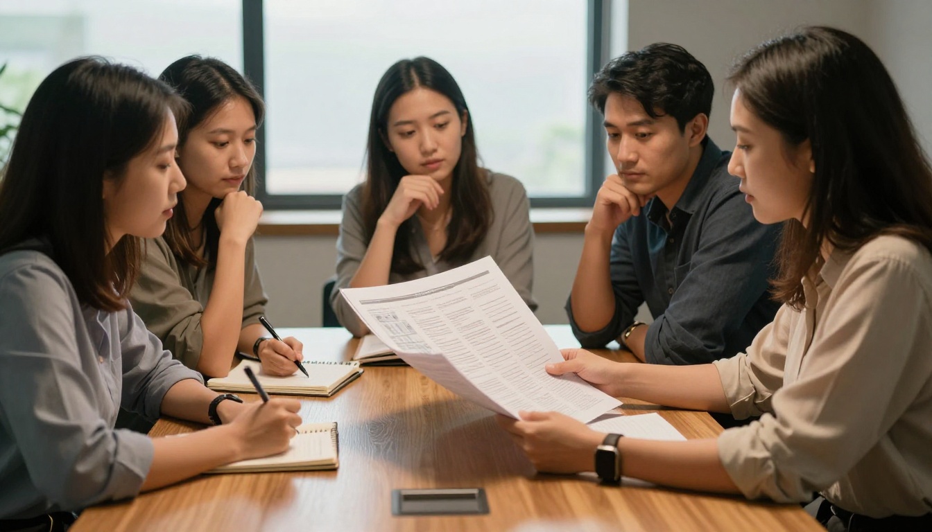 Small team of three professionals gathered around a conference table reviewing an open flipbook presentation