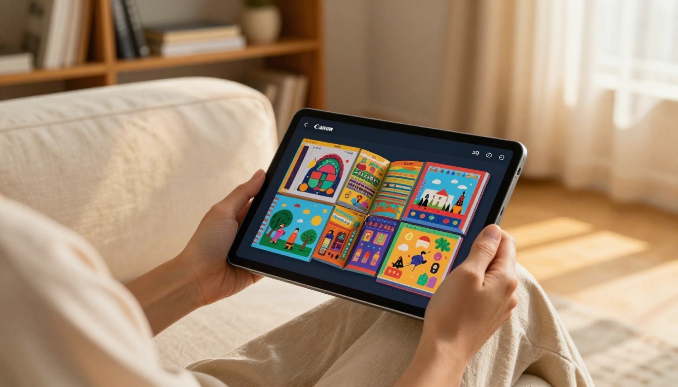 Close-up of a woman's hands holding a tablet showing a vivid interactive flipbook on a cozy linen sofa
