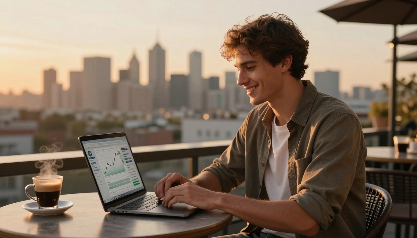 Young entrepreneur smiling at a laptop with rising analytics on a rooftop cafe terrace with soft city skyline behind him
