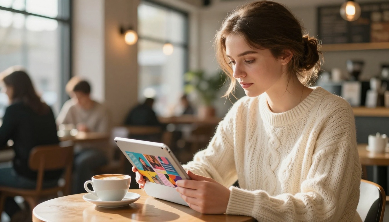 Woman browsing digital flipbook on tablet in a coffee shop Woman browsing digital flipbook on tablet in a coffee shop