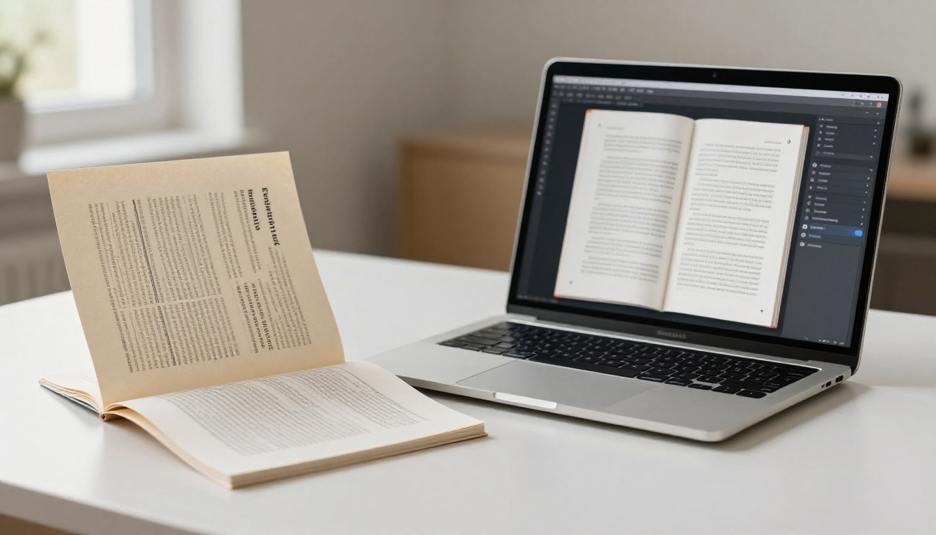 Printed brochure versus digital flipbook side-by-side on a clean desk Printed brochure versus digital flipbook side-by-side on a clean desk
