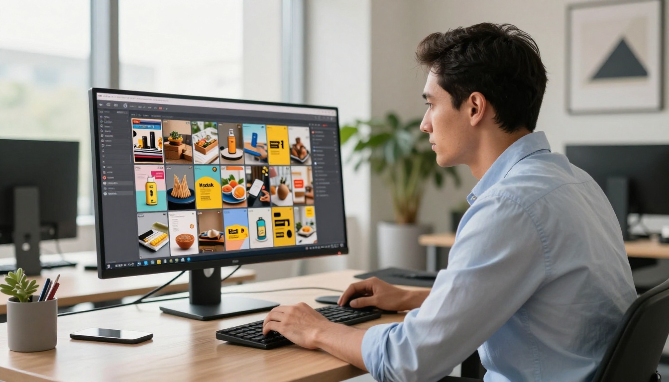 Professional man reviewing a product catalog flipbook on a desktop monitor in a modern office Professional man reviewing a product catalog flipbook on a desktop monitor in a modern office