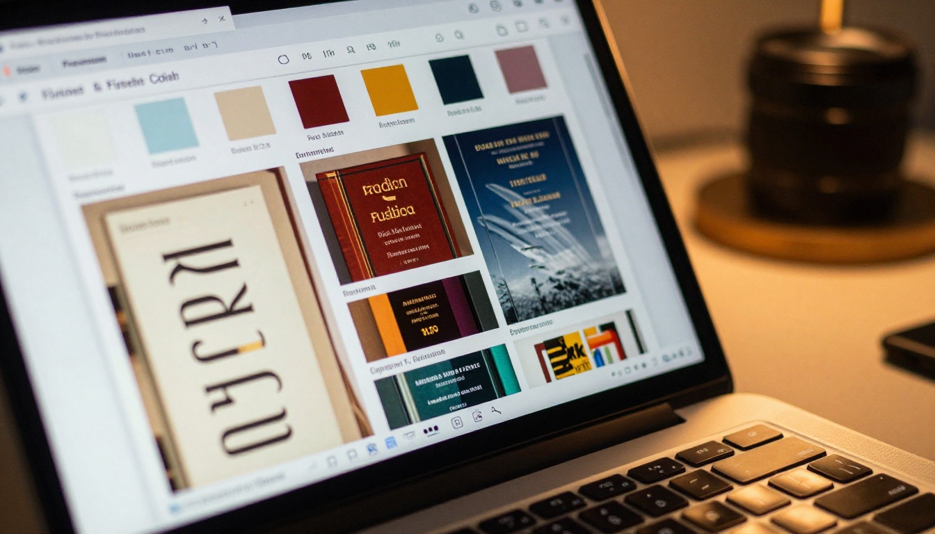 Laptop screen showing flipbook customization interface with color picker and branding panel open Laptop screen showing flipbook customization interface with color picker and branding panel open