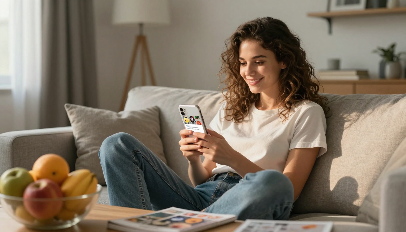 Woman relaxing on a couch sharing a flipbook link from her smartphone Woman relaxing on a couch sharing a flipbook link from her smartphone