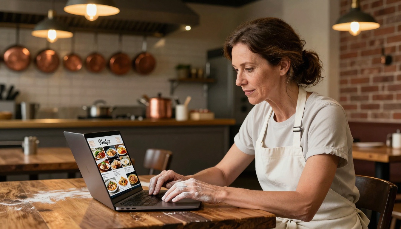 Restaurant owner reviewing a digital menu flipbook on a laptop in a warm kitchen Restaurant owner reviewing a digital menu flipbook on a laptop in a warm kitchen