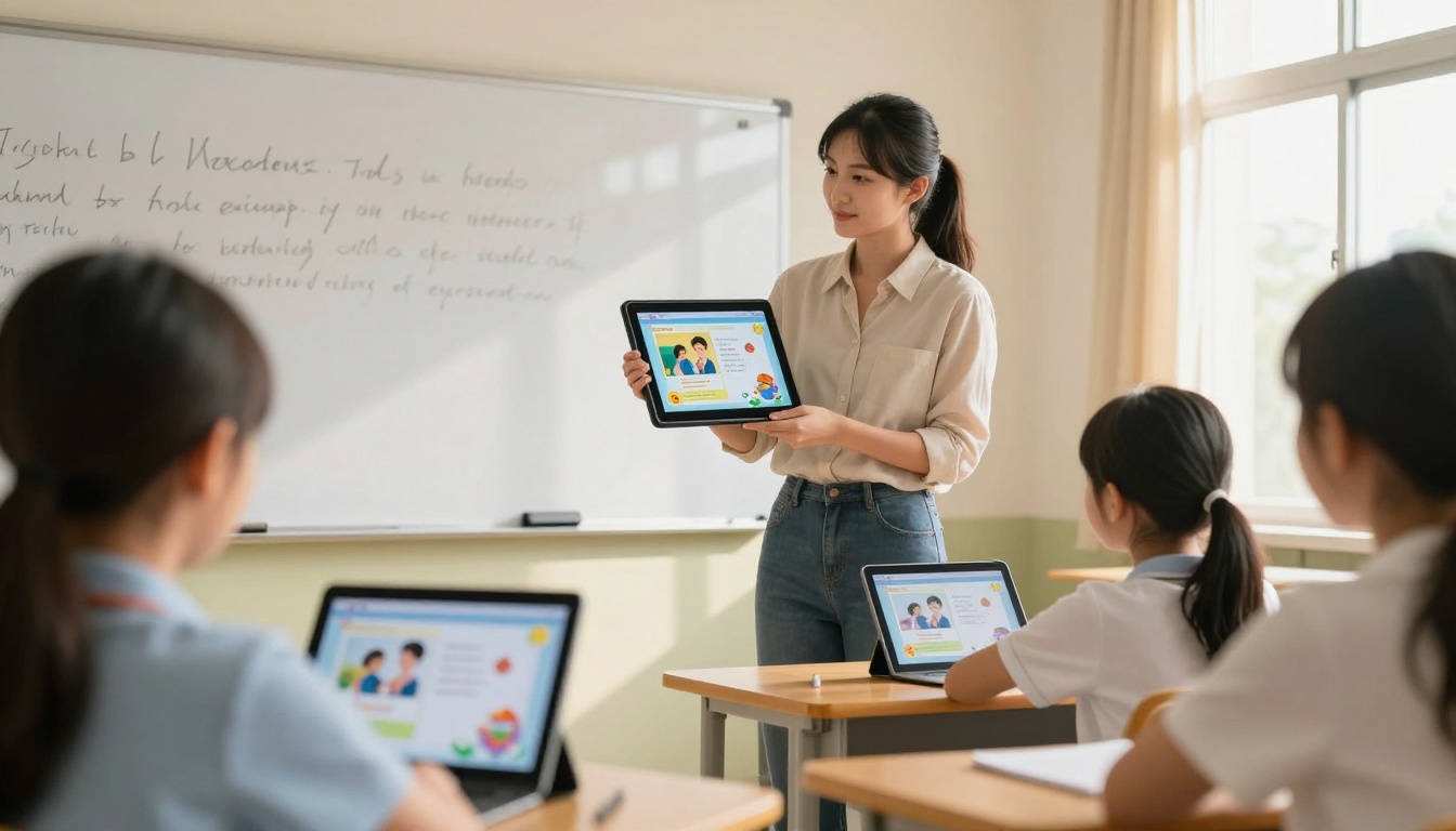 Teacher showing students an interactive course material flipbook on tablets in a bright classroom Teacher showing students an interactive course material flipbook on tablets in a bright classroom