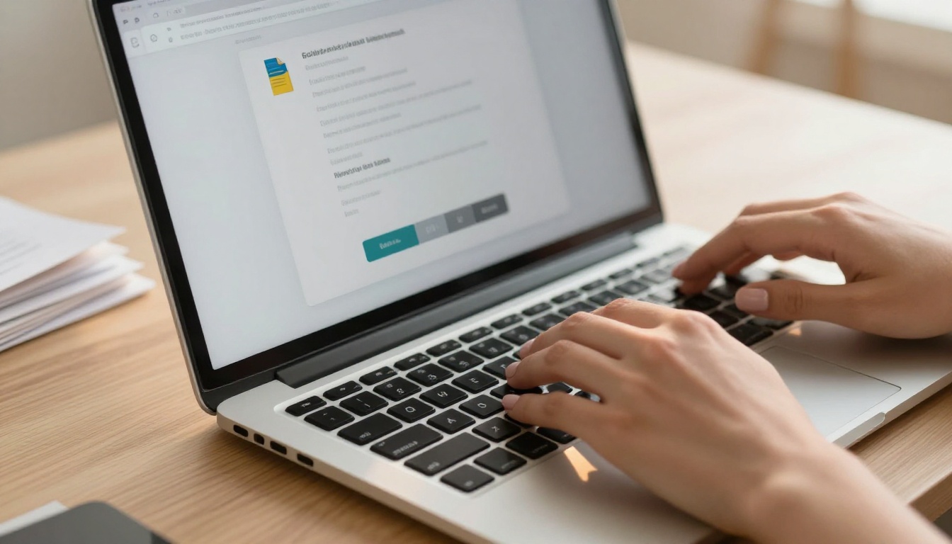 PDF upload interface on a laptop showing hands hovering over keyboard