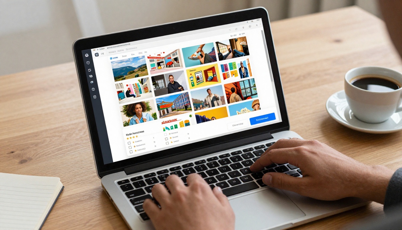 Hands comparing flipbook options on a laptop with a grid of colorful page thumbnails on screen