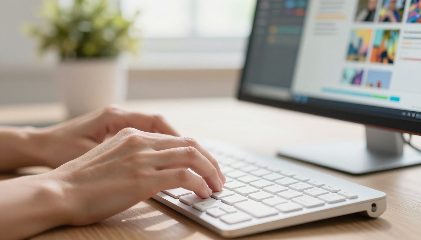 Hands typing on keyboard with flipbook tool on screen