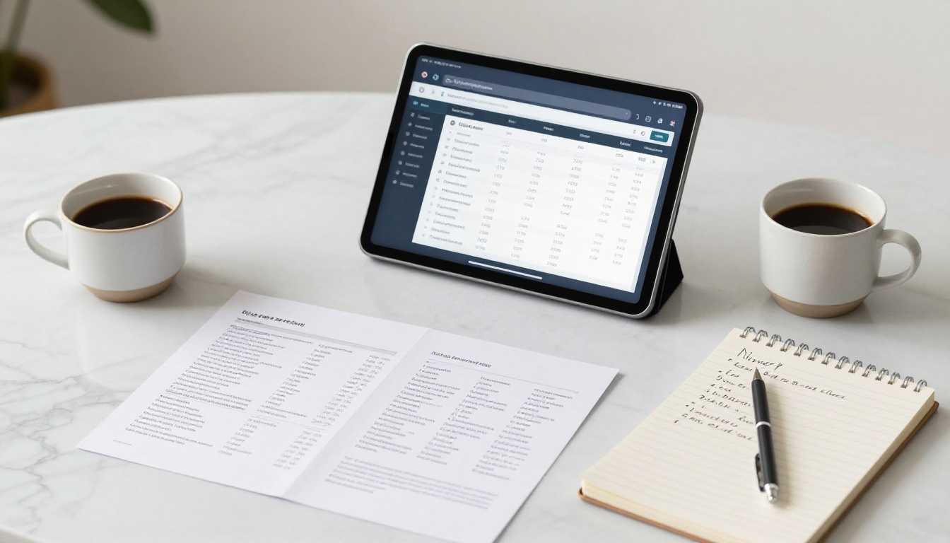 Overhead flat lay workspace showing tablet with flipbook comparison interface, printed documents, coffee, and handwritten notes Overhead flat lay workspace showing tablet with flipbook comparison interface, printed documents, coffee, and handwritten notes