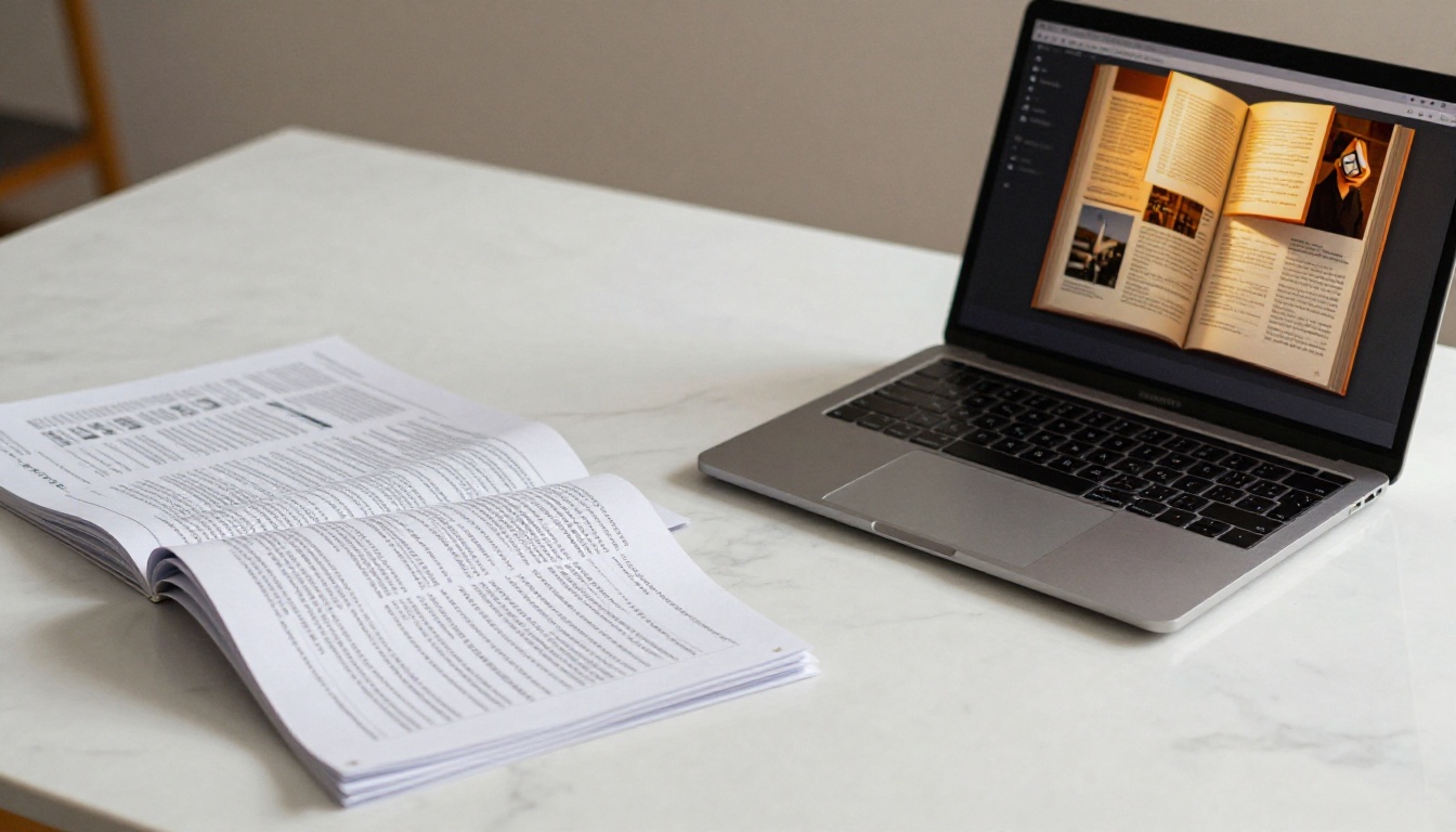 Before and after: printed PDF pages beside a laptop showing a live digital flipbook