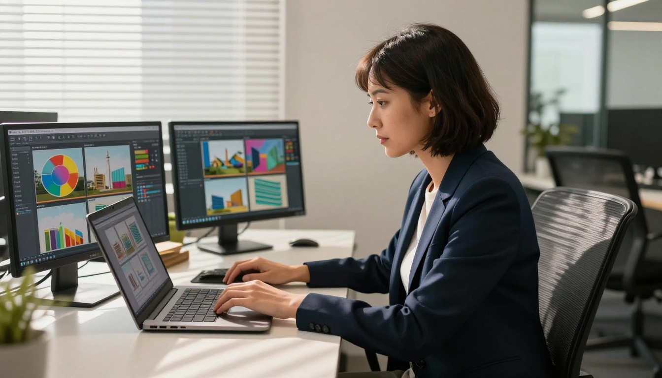 Professional woman comparing two flipbook tools on dual laptops