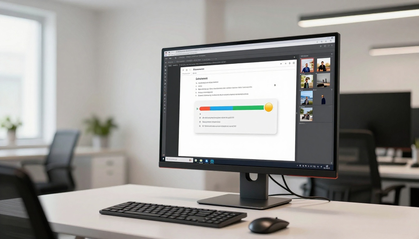 Desktop monitor showing a PDF file being converted with page thumbnails appearing in a clean browser interface