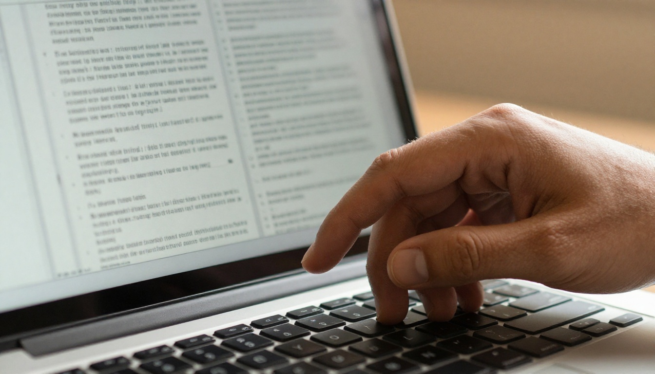 Person hesitating to click on a static PDF document open on a laptop, hand frozen over the trackpad Person hesitating to click on a static PDF document open on a laptop, hand frozen over the trackpad