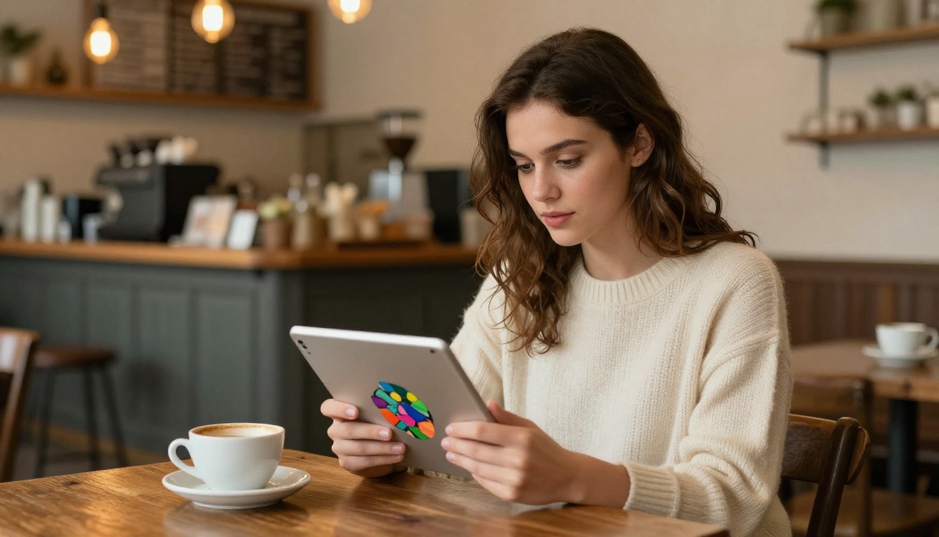 Woman browsing digital flipbook on tablet at a coffee shop