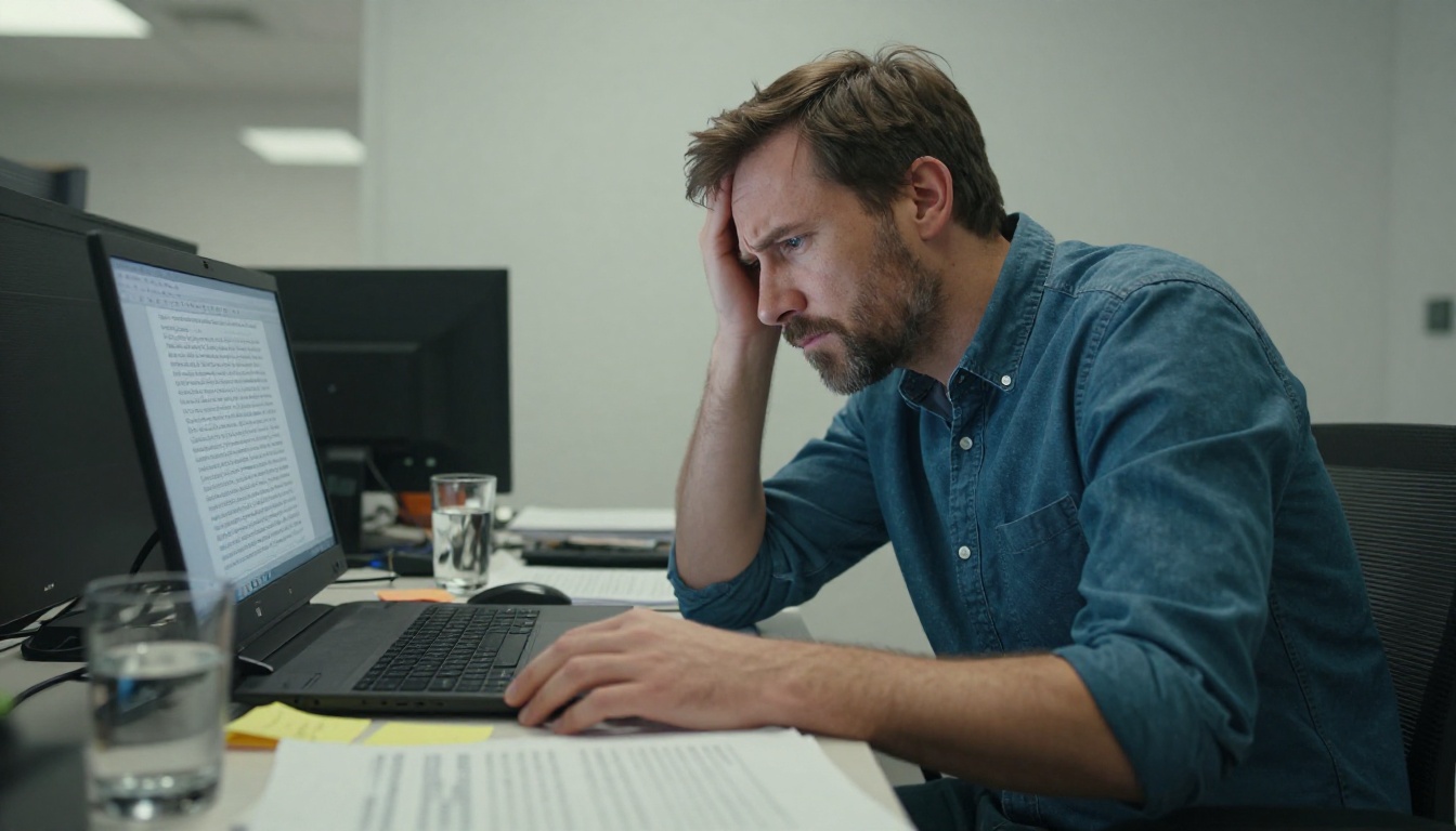 Person frustrated with static PDF documents on a cluttered office desk