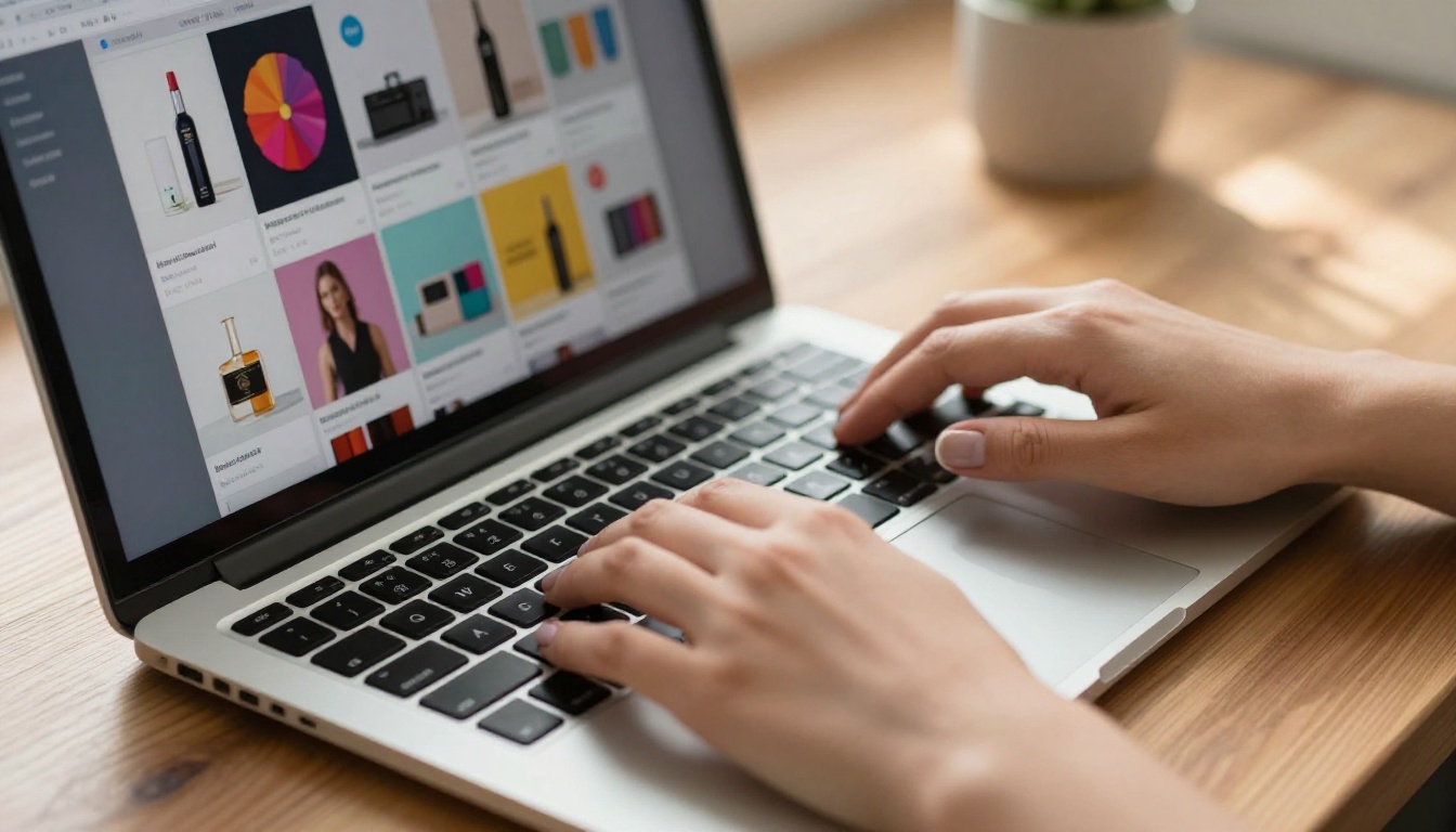 Hands typing on a laptop with a colorful product catalog design interface on screen