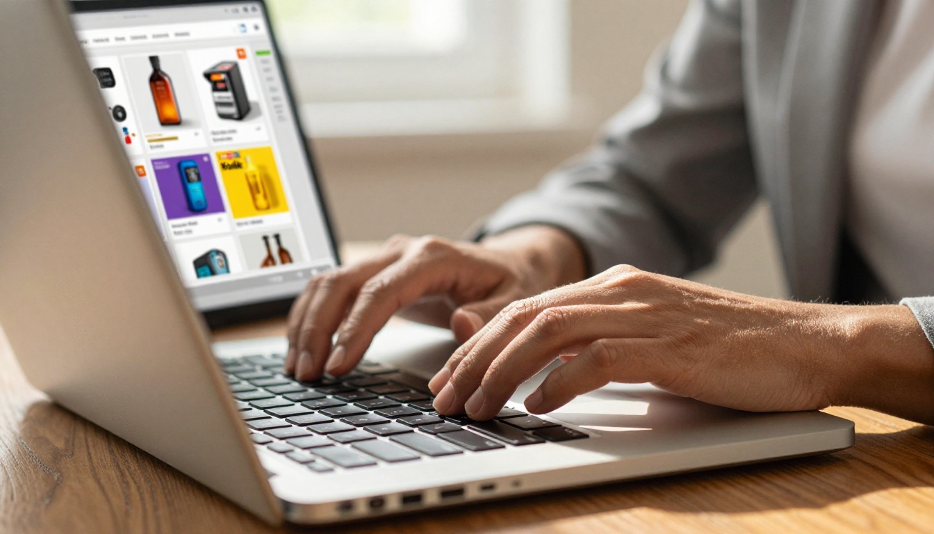 Digital catalog displayed on a laptop screen in a bright home office Digital catalog displayed on a laptop screen in a bright home office