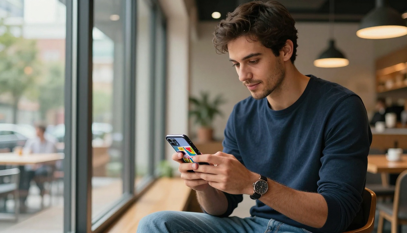 Young professional reading an interactive flipbook on a smartphone near a co-working space window