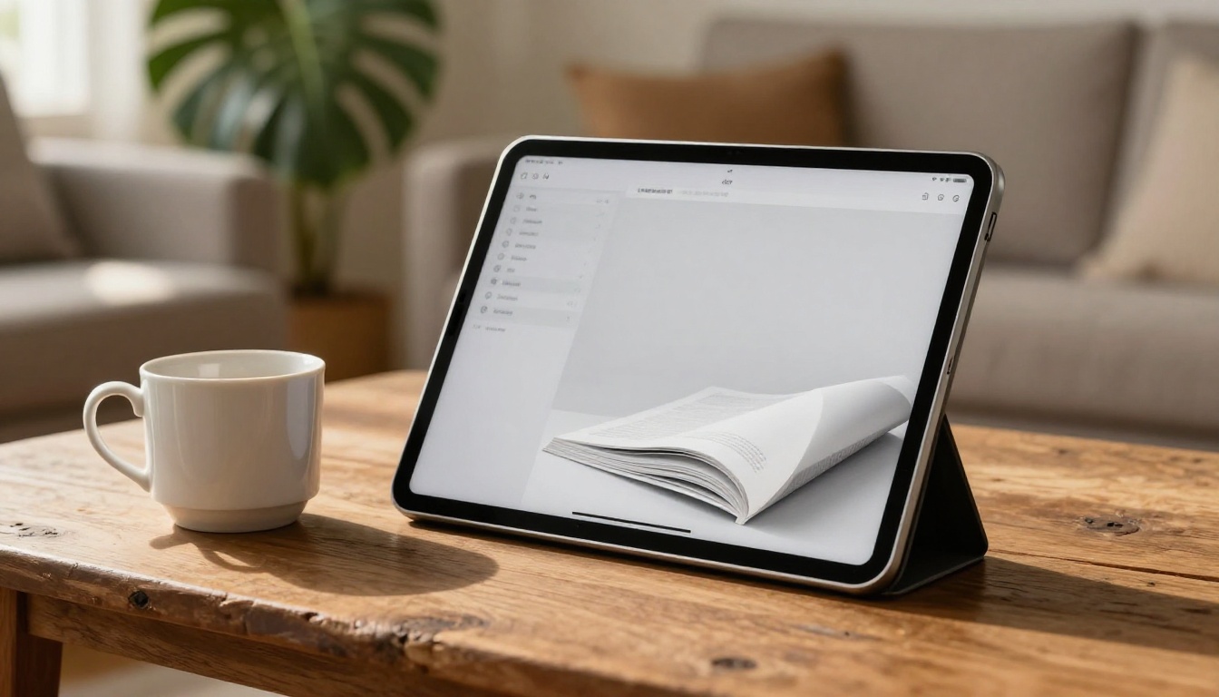 Silver tablet propped on coffee table showing digital magazine with page curl