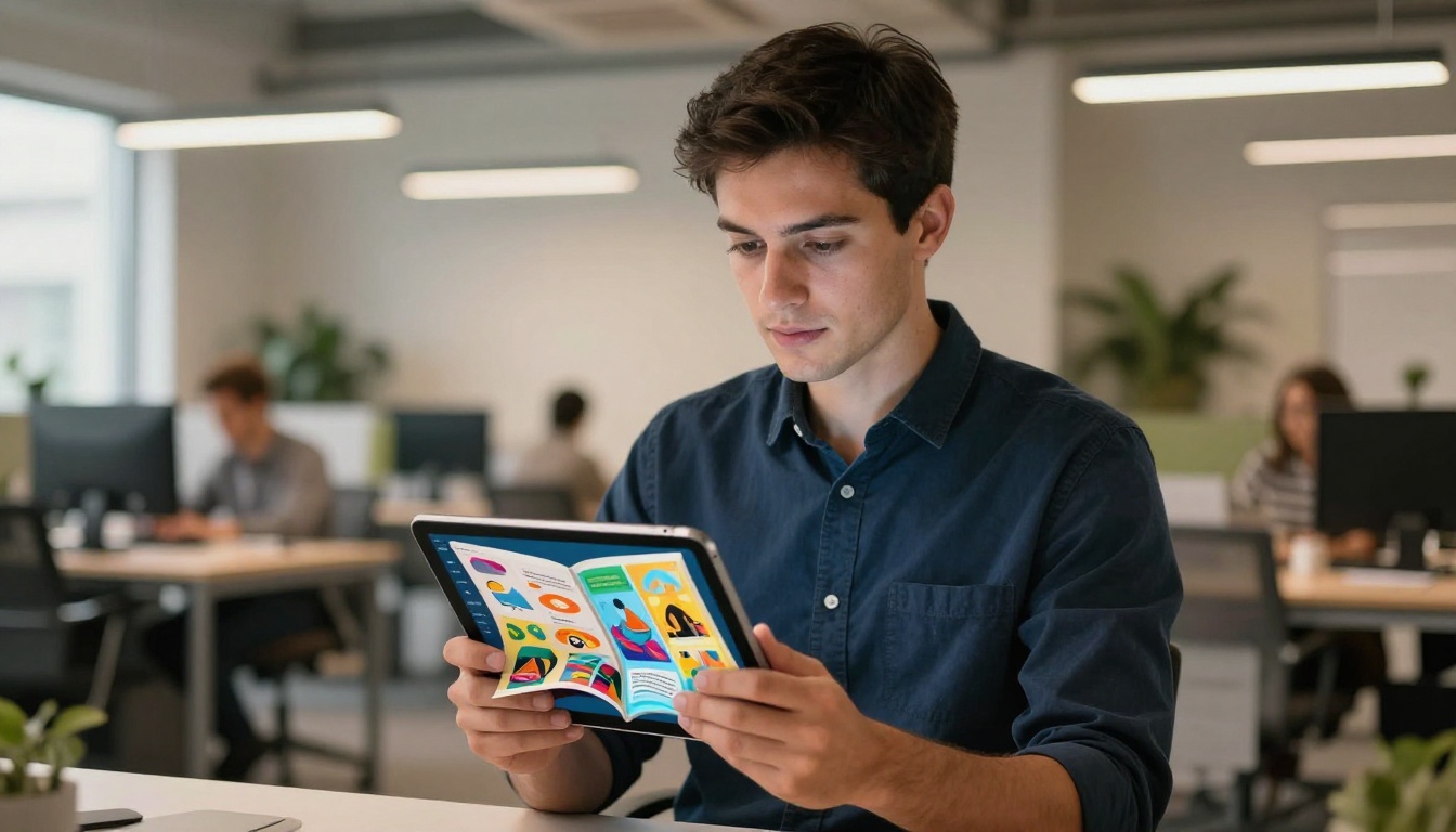 Young professional holding a tablet displaying a colorful digital flipbook mid-turn Young professional holding a tablet displaying a colorful digital flipbook mid-turn