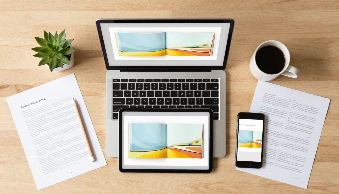 Aerial overhead view of laptop, tablet, and smartphone each showing a digital flipbook