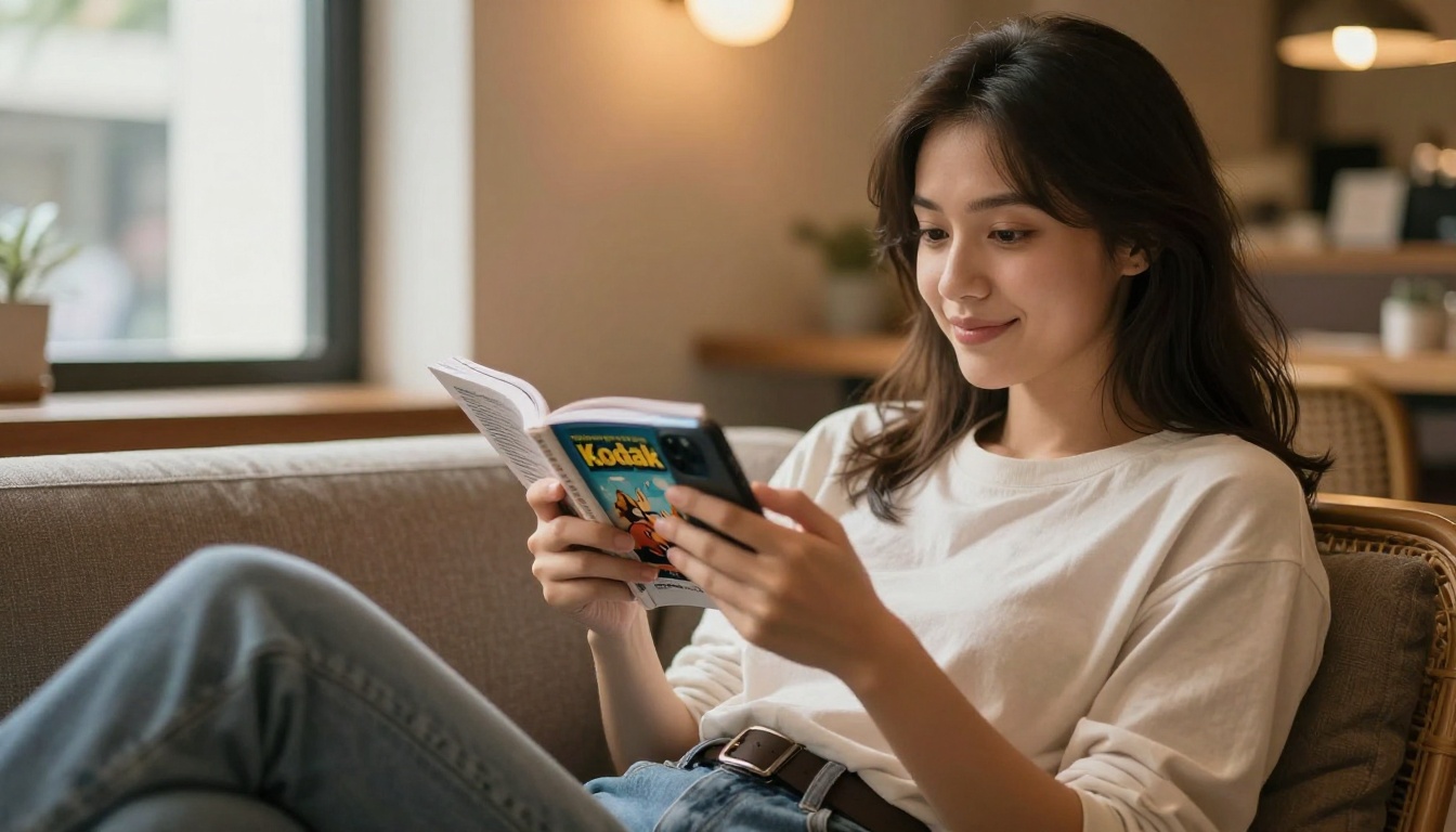 Young woman relaxing on a café couch reading a flipbook on her smartphone, smiling with engaged expression Young woman relaxing on a café couch reading a flipbook on her smartphone, smiling with engaged expression