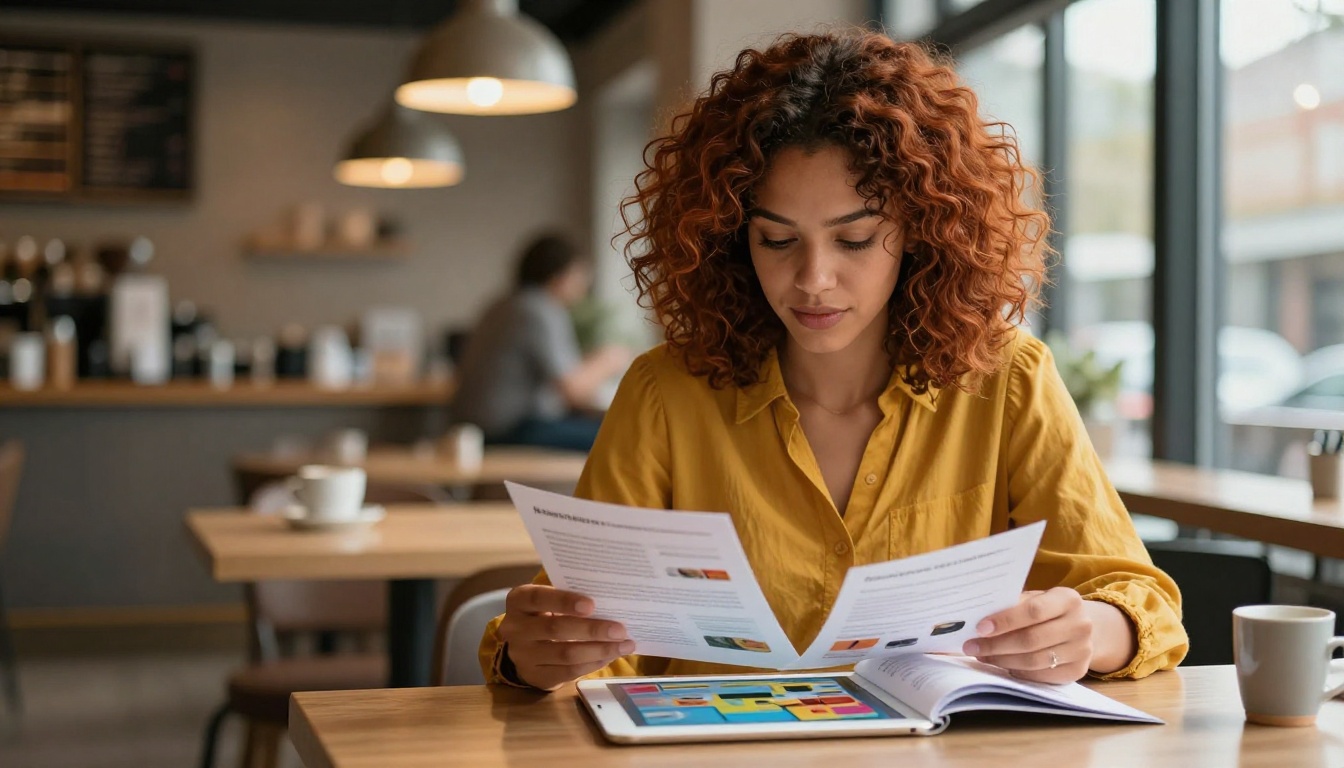 Young professional woman reviewing printed brochure and digital flipbook at a café Young professional woman reviewing printed brochure and digital flipbook at a café