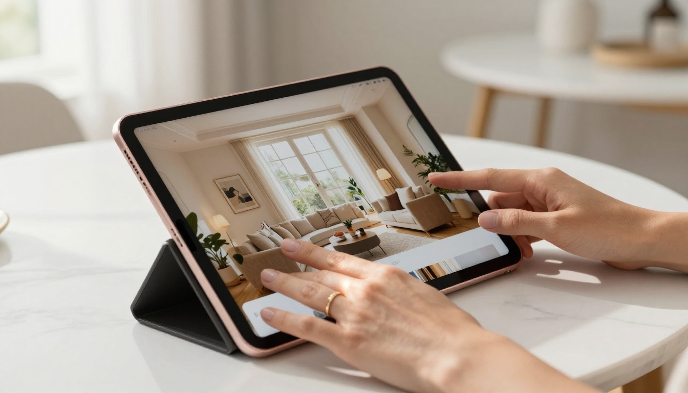 Elegant hands holding a tablet with a beautiful flipbook open mid-page-turn on a white marble table