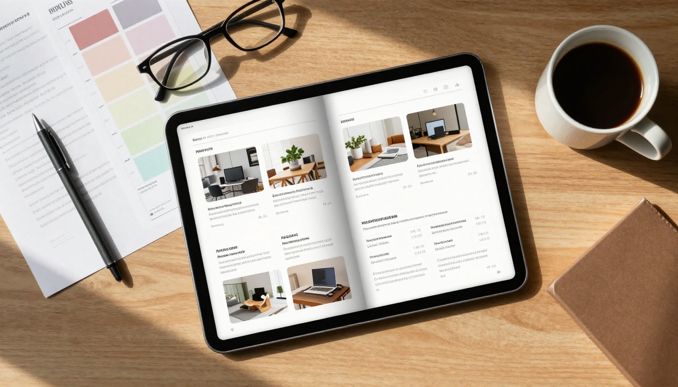 Aerial flat lay of a desk with a tablet showing an interactive flipbook catalog and paper catalog pages with annotations