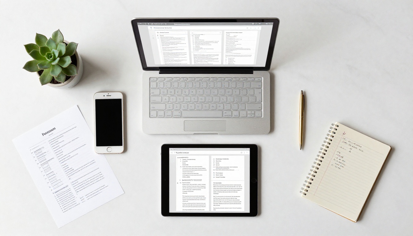 Multiple devices showing flipbook formats in flat lay aerial view