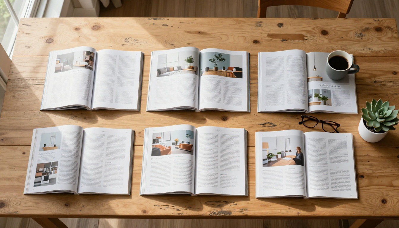 Five open magazines and booklets arranged in a fan pattern on a weathered oak table, morning light casting soft directional shadows Five open magazines and booklets arranged in a fan pattern on a weathered oak table, morning light casting soft directional shadows