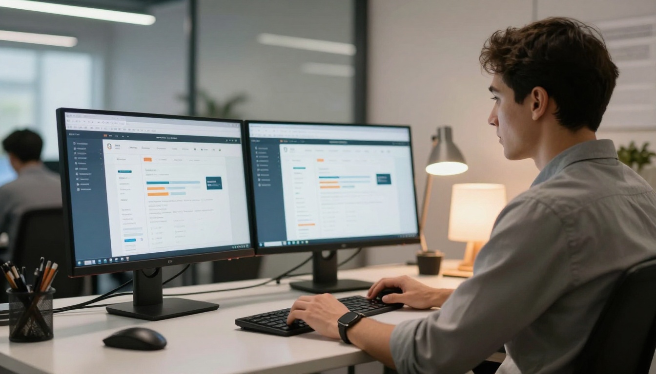Marketing professional comparing two websites on dual monitors in modern open-plan office, 35mm lens, ambient office lighting Marketing professional comparing two websites on dual monitors in modern open-plan office, 35mm lens, ambient office lighting