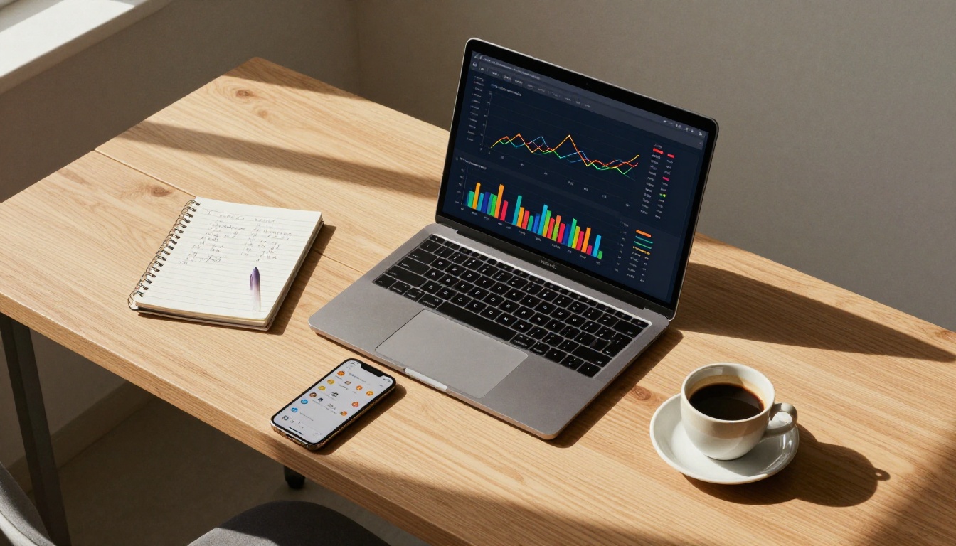 Overhead shot of a MacBook showing an analytics dashboard with charts on a wooden desk Overhead shot of a MacBook showing an analytics dashboard with charts on a wooden desk