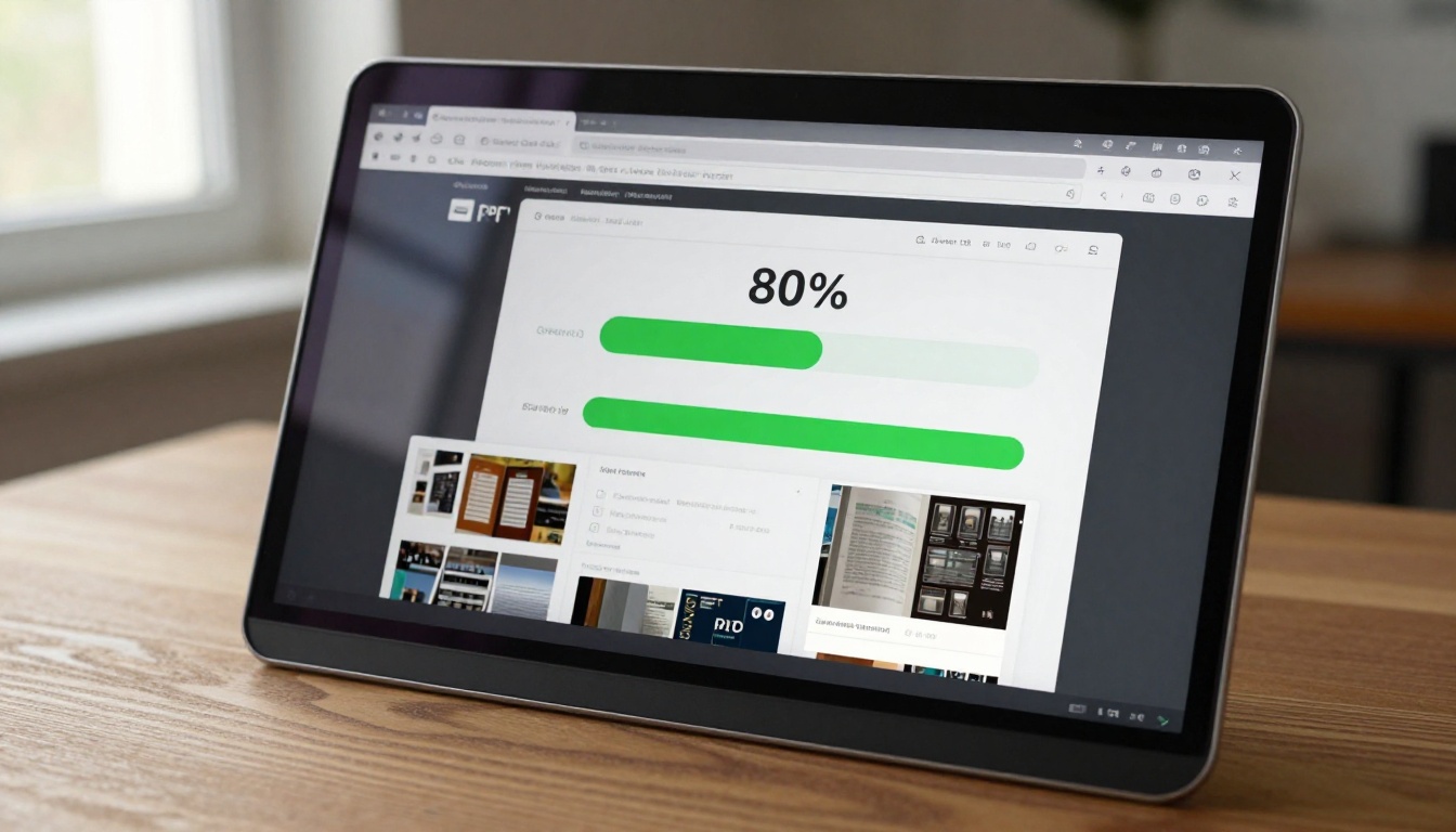Laptop screen showing a PDF-to-flipbook conversion interface with progress bar