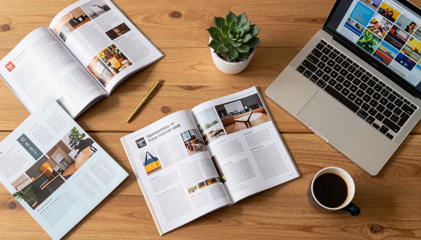 Aerial flat-lay view of designer's desk with magazines, brochures, coffee and an open laptop Aerial flat-lay view of designer's desk with magazines, brochures, coffee and an open laptop