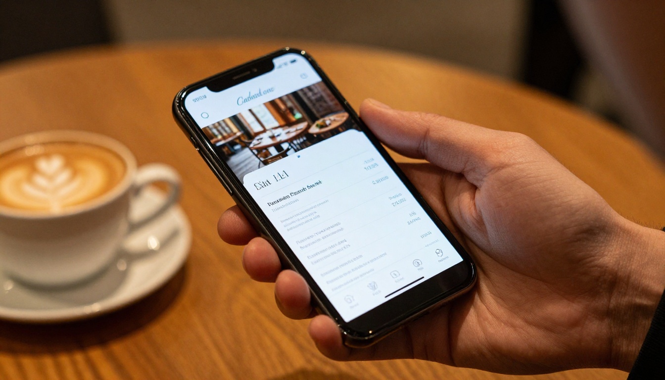 Hand holding smartphone displaying restaurant menu as interactive flipbook in cafe