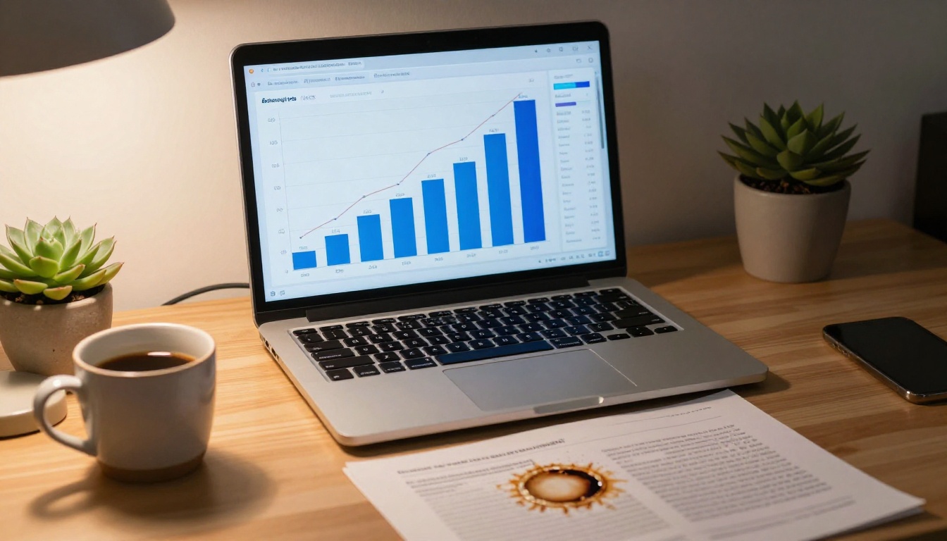 Laptop on a home office desk showing an analytics dashboard with a blue engagement bar towering over a flat PDF metric Laptop on a home office desk showing an analytics dashboard with a blue engagement bar towering over a flat PDF metric