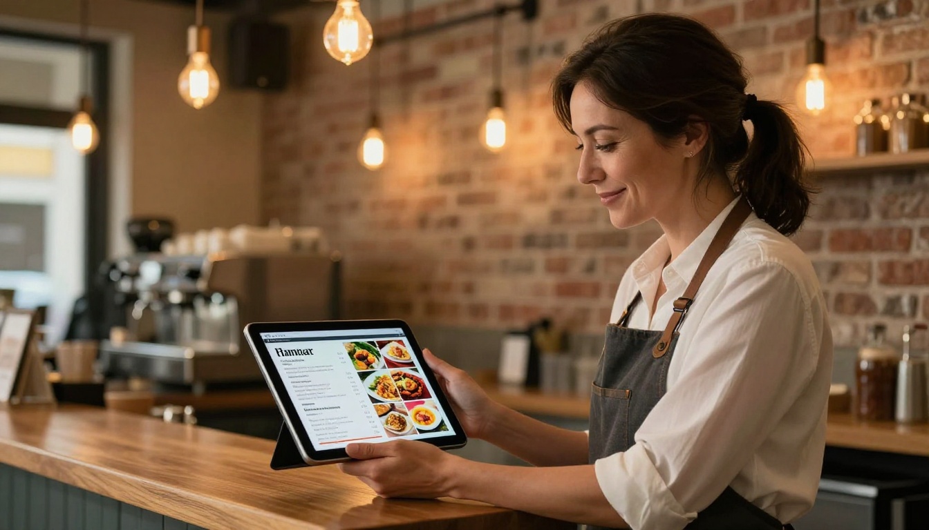 Restaurant owner standing behind a cafe counter holding a tablet showing a digital menu flipbook with food photography