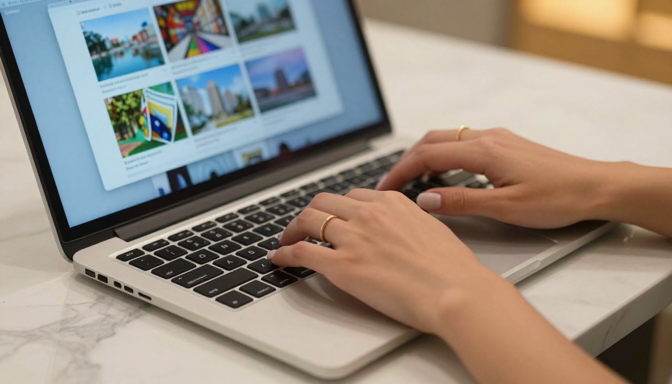 Close-up of a woman's hands hovering over a laptop keyboard with a digital flipbook interface visible on the screen Close-up of a woman's hands hovering over a laptop keyboard with a digital flipbook interface visible on the screen