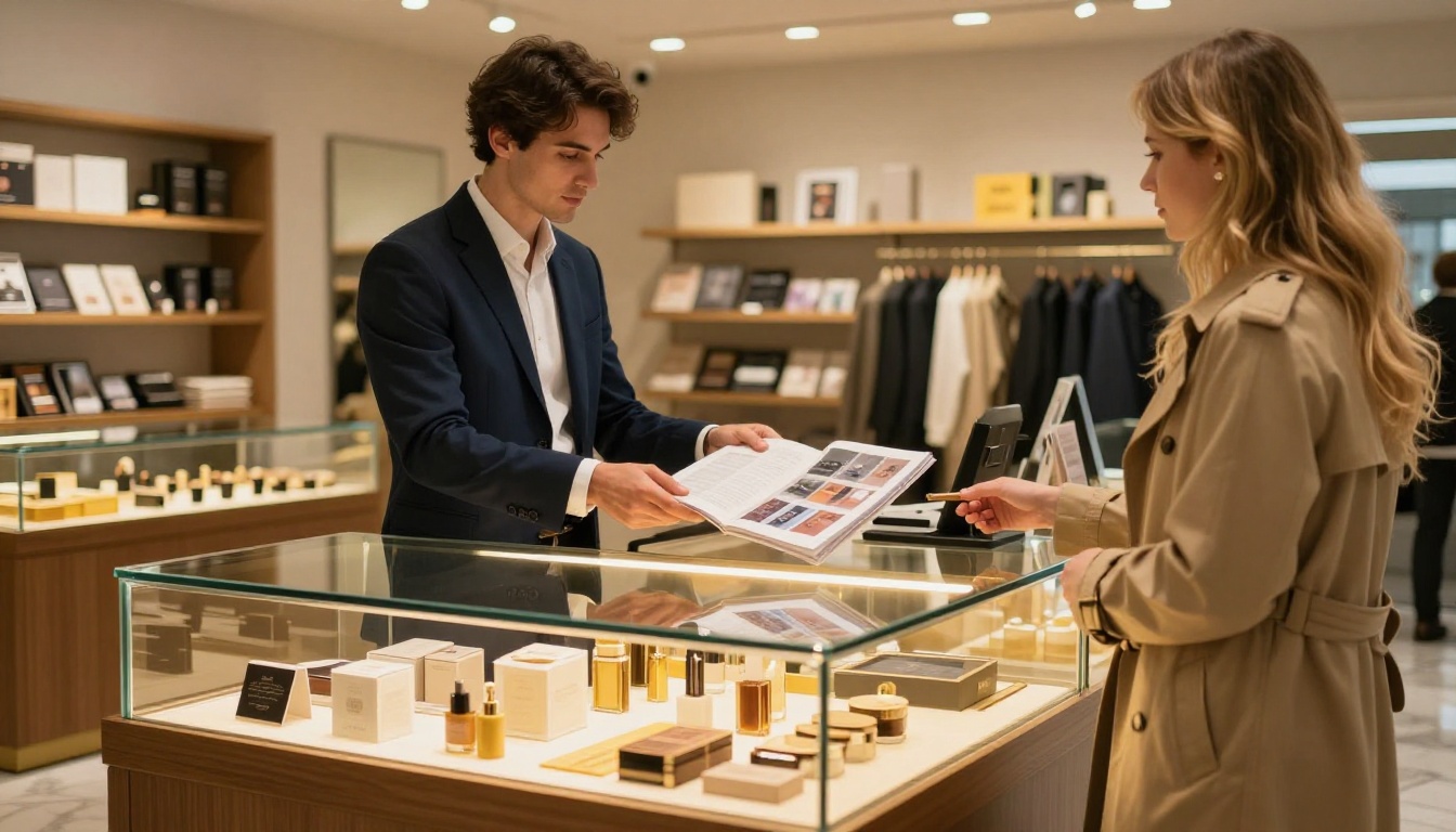 A well-dressed retail associate handing a printed catalog to a customer at a glass display counter